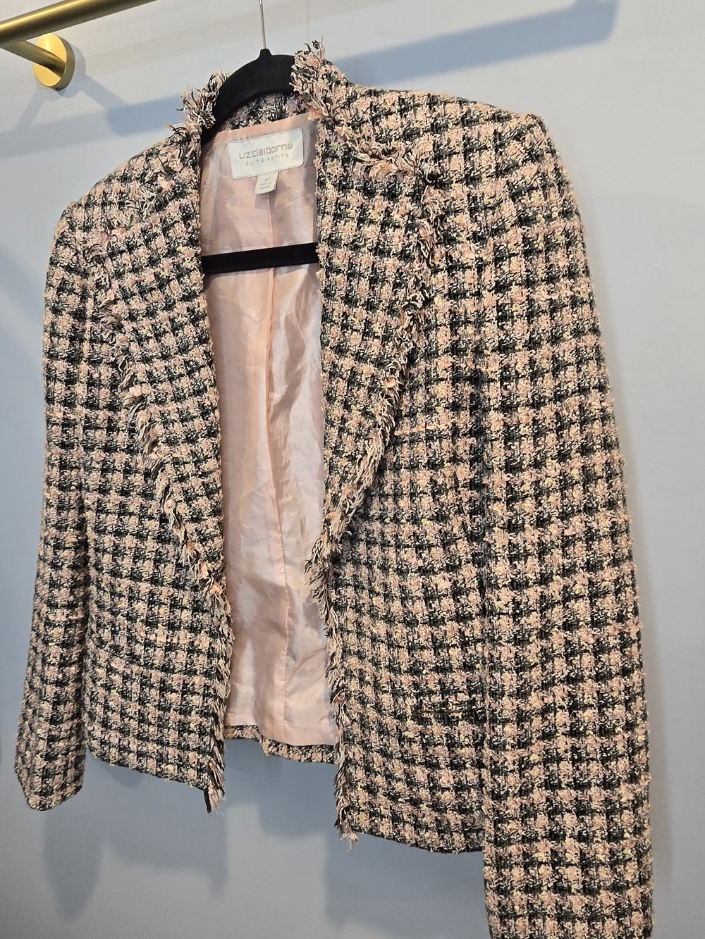 Liz Claiborne Pink and Black Tweed Fringe Open Blazer Size 6P
